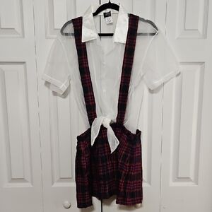New Lover's Lane School Girl Plaid Suspender Skirt with White Blouse Costume